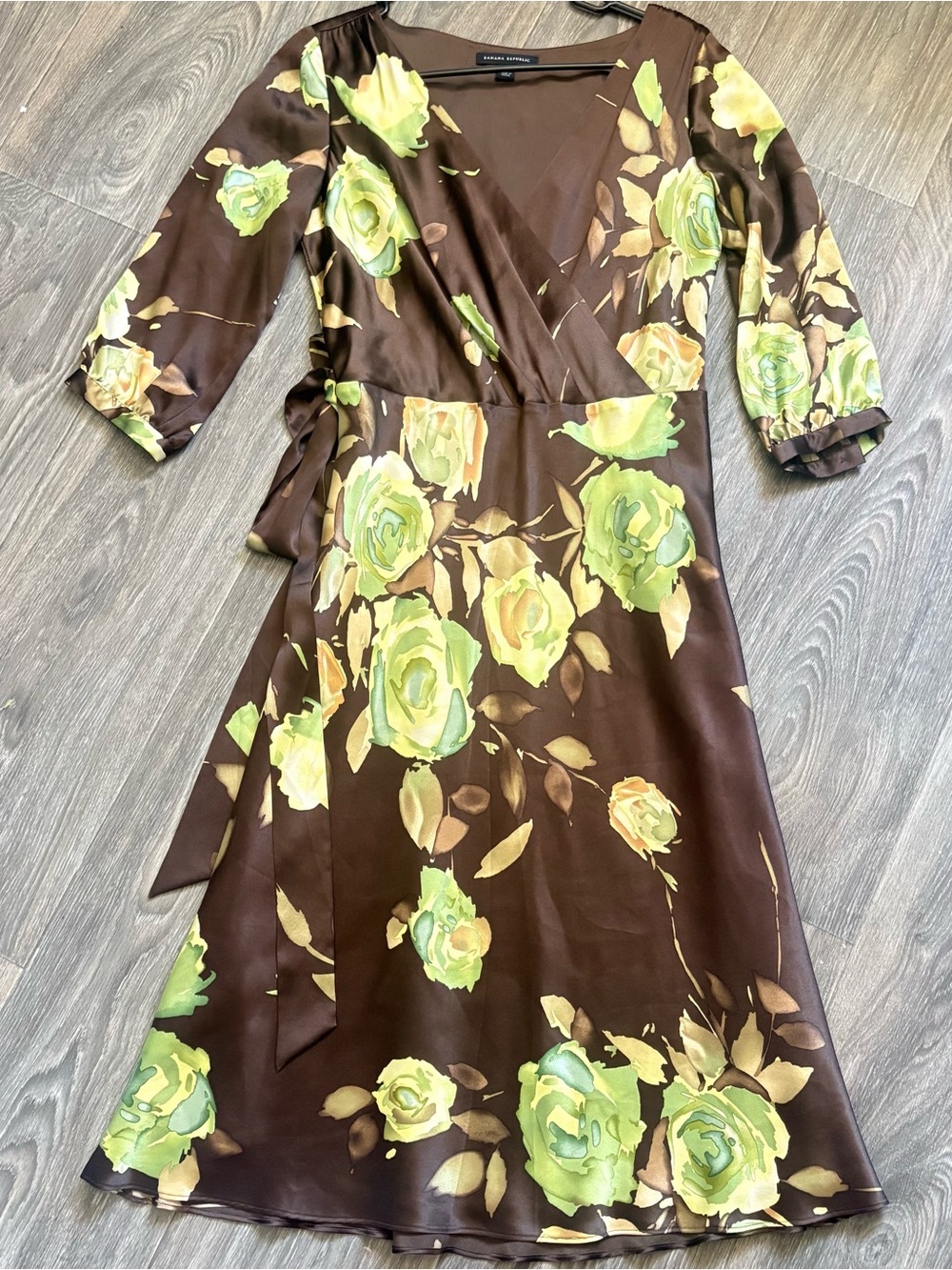 Banana Republic silk brown and green retro floral midi cocktail dress